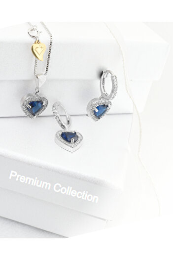 Brezza Lusso Jewelry Diamond  Model Lusso Elegant Sapphire Heart Kadın Kolye Küpe Seti