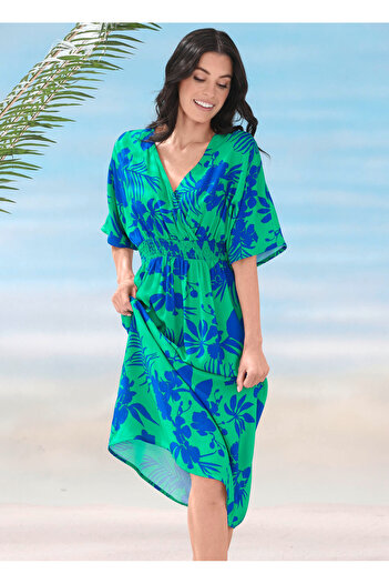 MAMAYAGA Women's Floral Pattern Stylish Cotton Half Flared Sleeve V Neck Elastic Waist Summer Curve Plus Size Dress