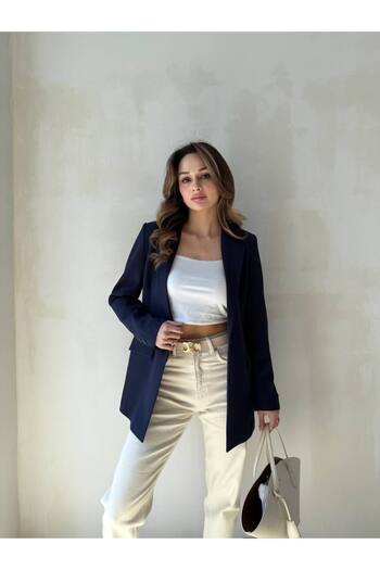 ENZOI Navy Blue Double Breasted Collar Buttoned Blazer Jacket