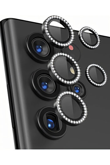 Fibaks Samsung Galaxy S25 Ultra Compatible Rhinestone Glossy Camera Lens Protector Glass and Frame Camera Protection Lens