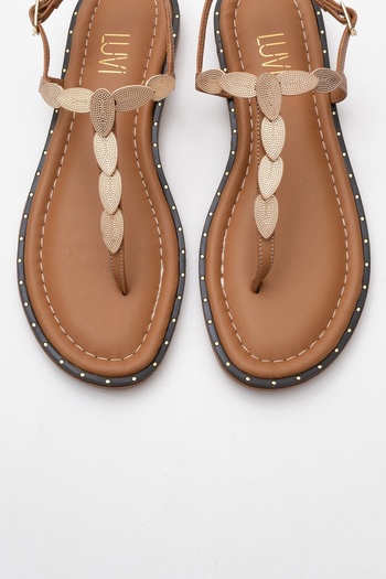 LuviShoes Marea Tan Genuine Leather Flip Flop Gold Buckle Women's Sandals