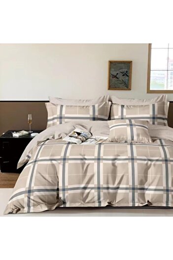 Pucioasa Double percale bed linen, 100% cotton, grey and beige checkered pattern
