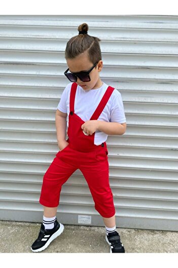 Burçak Butik White Supreme T-Shirt Embroidery Detailed Red Children's Denim Salopet Overalls Eid 2-Piece Set