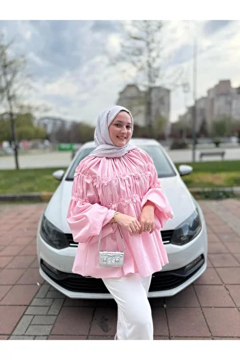 Refika Butik Ροζ γυναικεία μπαλόνι μανίκι Flower Tunic Μπλούζα
