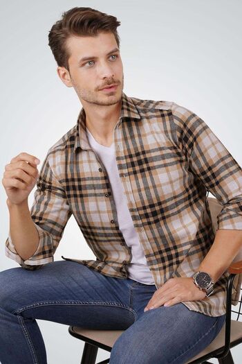 Etikmen Men's Lumberjack Shirt - White Coffee Striped with Gift Box