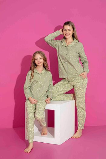ETHEM TEKSTİL Women's Mix Patterned Front Buttoned Khaki Color Mother-Daughter Combination Pajama Set