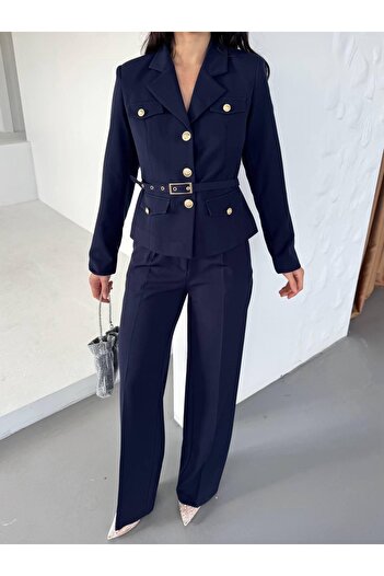 Ekim Store Gold Buttoned Belted Double Blazer Suit