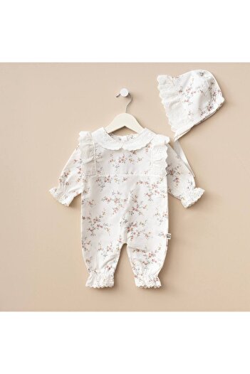 Minimus Cotton Floral Print Romper for Baby Girl - Terikoton Lace and Hat Hospital Romper
