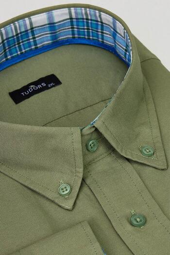 Tudors Men's Big Size Plus Size - Khaki Oxford Texture, Long Sleeve, Single Pocket, Button Collar Shirt