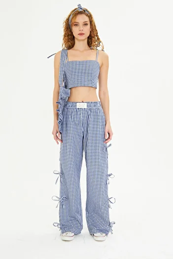 The Champ Clothing Women's Checked Fabric Bag Hair Band Crop and Pants Bottom Top Set Combination