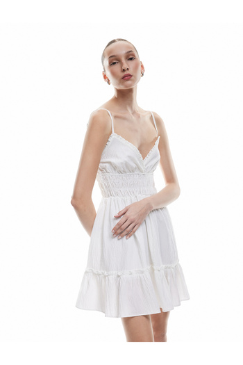 Koton Gimped V-Neck Layered Ruffled Rope Strap Viscose Blended Mini Dress
