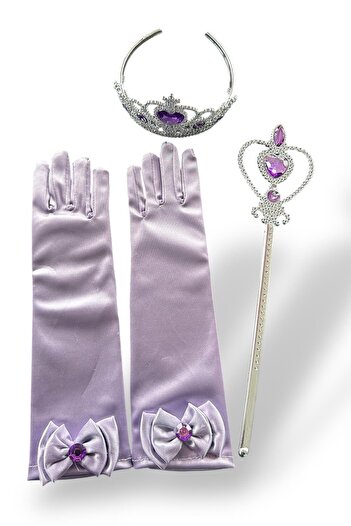 TAKIŞTIR Lilac Color Stone Detailed Crown, Scepter, Glove Set