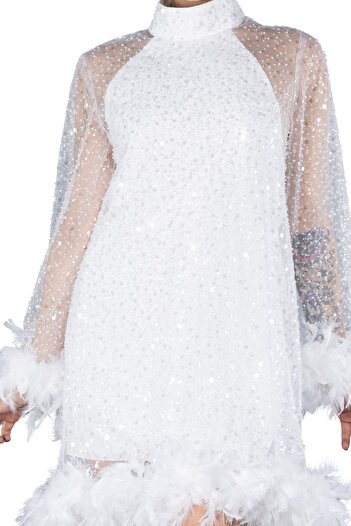 Arden White Short Evening Dress, Sequin Halter Neck Mini Dress with Otriş, Evening Dress for Pregnant Women, Graduation, 36-42