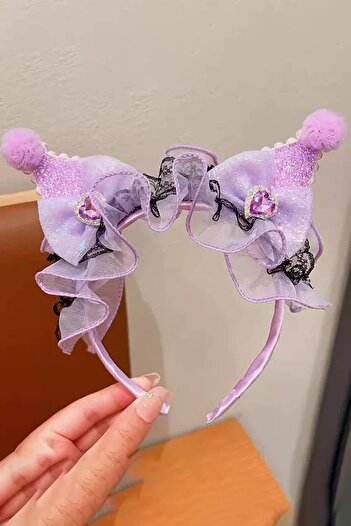 TAKIŞTIR Purple Color Ear Detailed Tulle Children's Crown