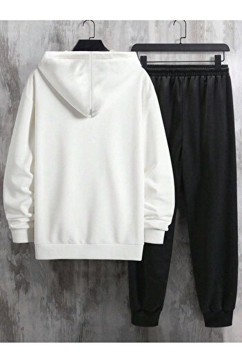 DUBU BUTİK Σετ φόρμας King Λευκό φούτερ Black Jogger - Printed Oversize Raised Hooded