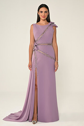 ALFABETA Long Evening Dress - Floral, Stone and Accessories Slit Alfa Beta