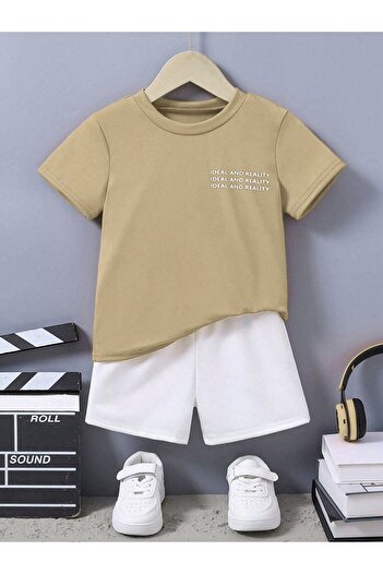DUBU BUTİK Cotton Ideal Kids Set - Beige T-shirt, White Shorts, Printed Girls Boys Summer Crew Neck