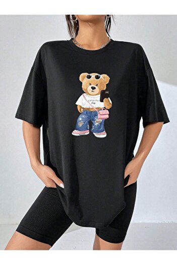 DUBU BUTİK Πολύχρωμο μπλουζάκι Bear Single Jersey - Μαύρο εμπριμέ κοντομάνικο μπλουζάκι με λαιμόκοψη