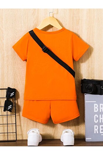 DUBU BUTİK Smiling Face Patterned Children's Set - Orange T-shirt, Shorts, Crew Neck, Bag, No