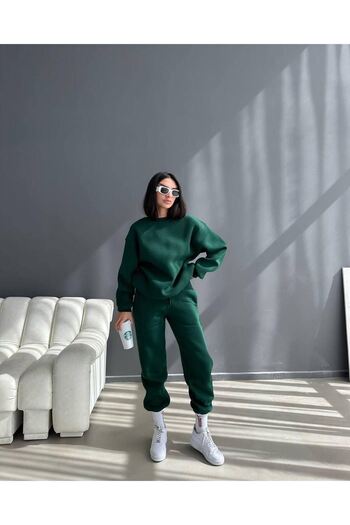 CLAYES Unprinted Sweatpants Set Sweatshirt Jogger - Green Oversize Raised Crew Neck