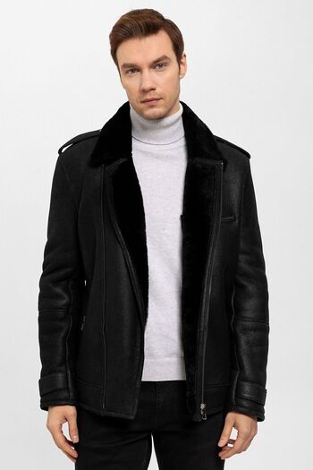 Deriderim Black Fur Sloan Biker Men's Genuine Leather Fur Coat