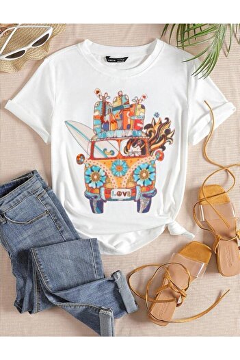 VBSVİBES Tricou alb cu imprimeu Woswos oversize pentru femei