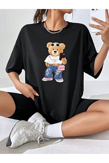 DUBU BUTİK Πολύχρωμο μπλουζάκι Bear Single Jersey - Μαύρο εμπριμέ κοντομάνικο μπλουζάκι με λαιμόκοψη