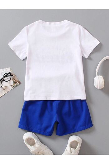 DUBU BUTİK Vintage Printed Cotton Kids Suit - White T-Shirt Sax Shorts Girls Boys Summer Crew Neck