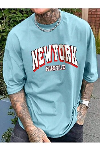 DUBU BUTİK Μπλουζάκι Newyork Hustle Single Jersey - Μπλουζάκι με κοντό μανίκι με λαιμόκοψη σε μπλε στάμπα