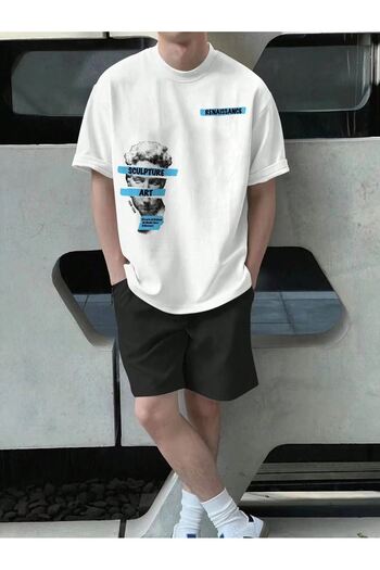 CLAYES Sculpture Art T-Shirt Shorts - White Black Shorts Set T-Shirt Set Printed Oversize Crew Neck