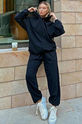 CLAYES Set de trening simplu 2 piese Hanorac Jogger - Negru Gri Oversize Glugă
