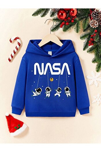 DUBU BUTİK Nasa Astronaut Cotton Children's Sweatshirt - Sax Blue Printed Girl's Boy's Winter Pocket Hoodie