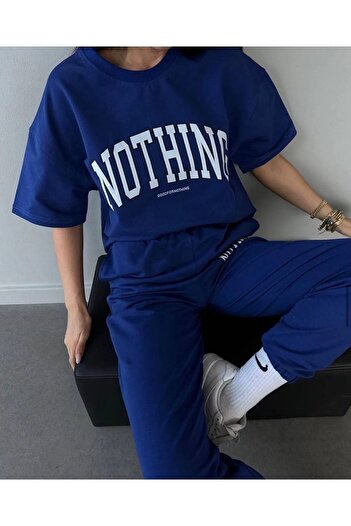 CLAYES Nothing T-shirt Eşofman Altı Jogger Mavi Baskılı Alt Üst Eşofman Takım Oversize Bisiklet Yaka