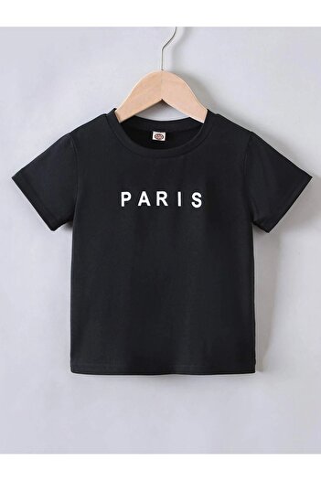 CLAYES Paris Written Children's Cotton T-Shirt - Black Printed Girls' Boys' Summer Crew Neck T-Shirt