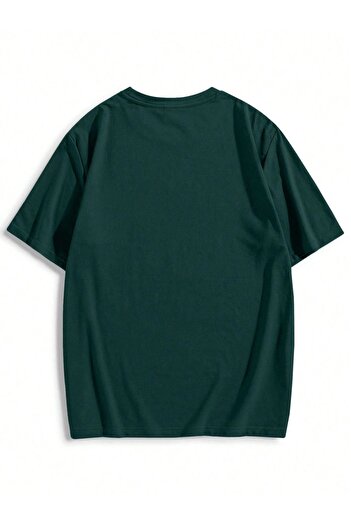DUBU BUTİK Men's Hand Print Oversize Nefti Green Printed T-shirt - Crew Neck Short Sleeve Comfortable Fit T-Shirt