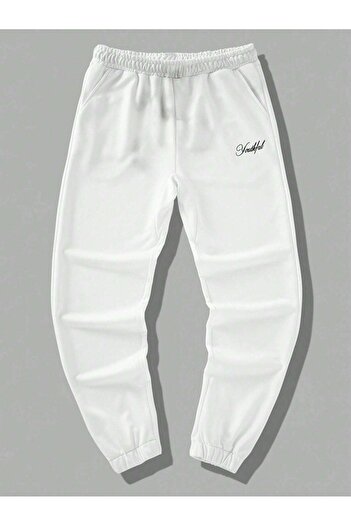 DUBU BUTİK Youthfull Sweatpants Jogger - White Printed Rubber Leg High Waist