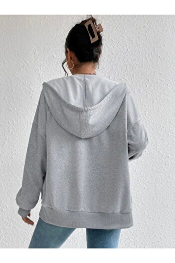 CLAYES Basic Düz Hırka - Gri Oversize Kapüşonlu