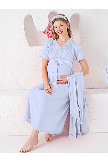 JENİKA Maternity Long Sleeve Dressing Gown, Openable Button Collar, Lace Detailed 2-Piece Nightgown Set