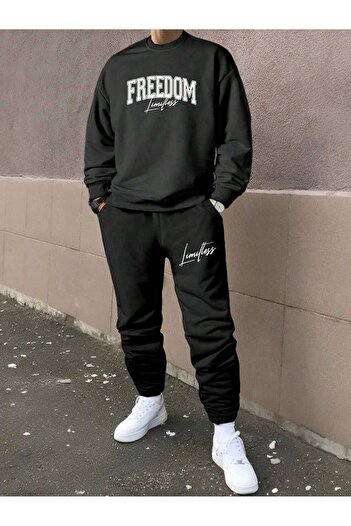 VBSVİBES Freedom Tracksuit Set Sweatshirt Jogger - Black Printed Oversize Ribbed Crew Neck