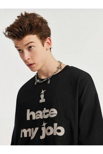VBSVİBES Black Oversize 'I Hate Printed' T-Shirt