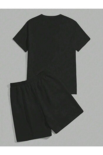 CLAYES Never Life T-Shirt Shorts - Black Bottom Top Combination Shorts T-Shirt Set Printed Oversize Crew Neck