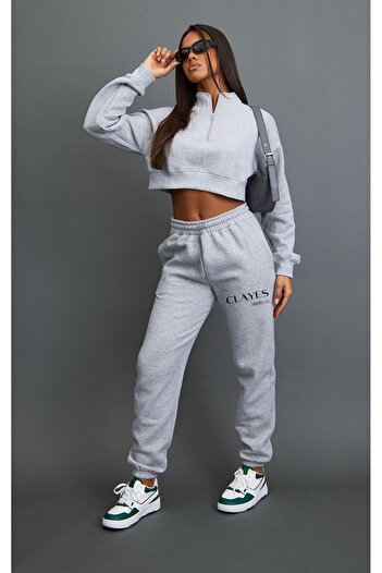 CLAYES Studio Winter Jogger Sweatpants - Γκρι στάμπα, 100% βαμβάκι, λαστιχένιο πόδι, φλις