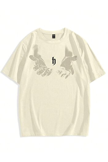 DUBU BUTİK Men's Hand Print Oversize Beige Printed T-shirt - Crew Neck Short Sleeve Comfortable Fit T-Shirt