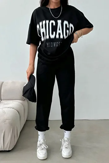 CLAYES Σετ φόρμας Chicago Printed Black Jogger - Oversize Crew Neck