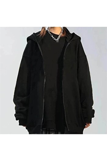 CLAYES Basic Plain Cardigan - Black Oversize Hooded