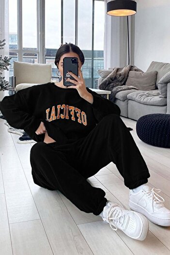 DUBU BUTİK Official Eşofman Takımı Sweatshirt Jogger - Siyah Baskılı Oversize Şardonlu Bisiklet Yaka