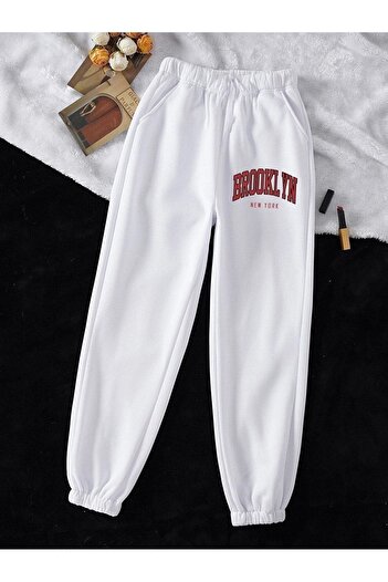 CLAYES Brooklyn Sweatpants Jogger - White Printed Rubber Leg High Waist