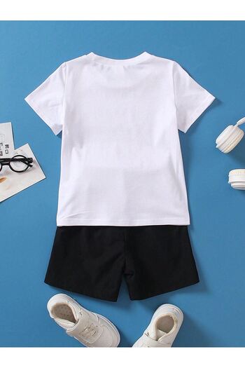 DUBU BUTİK White T-shirt and Black Shorts - Girls' and Boys' Summer Cotton Set, Crew Neck