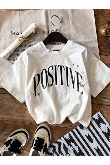 DUBU BUTİK Positive Single Jersey T-shirt - White Printed Oversize Crew Neck Short Sleeve T-Shirt
