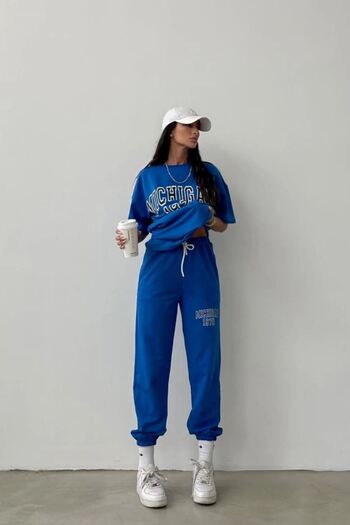 CLAYES Blue Printed T-shirt and Jogger Tracksuit Set - Oversize Crew Neck